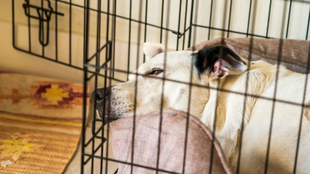 dog sleeping in crate at night 
